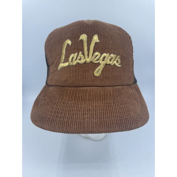 Vtg Trucker Hat Brown Corduroy Las Vegas Mesh SnapBack Baseball Cap READ - Picture 2 of 12